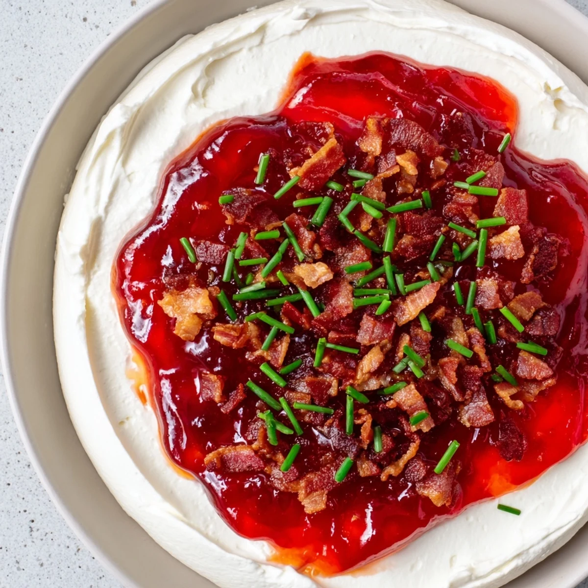 Crispy bacon tops creamy cream cheese and sweet pepper jelly in this easy appetizer photo.