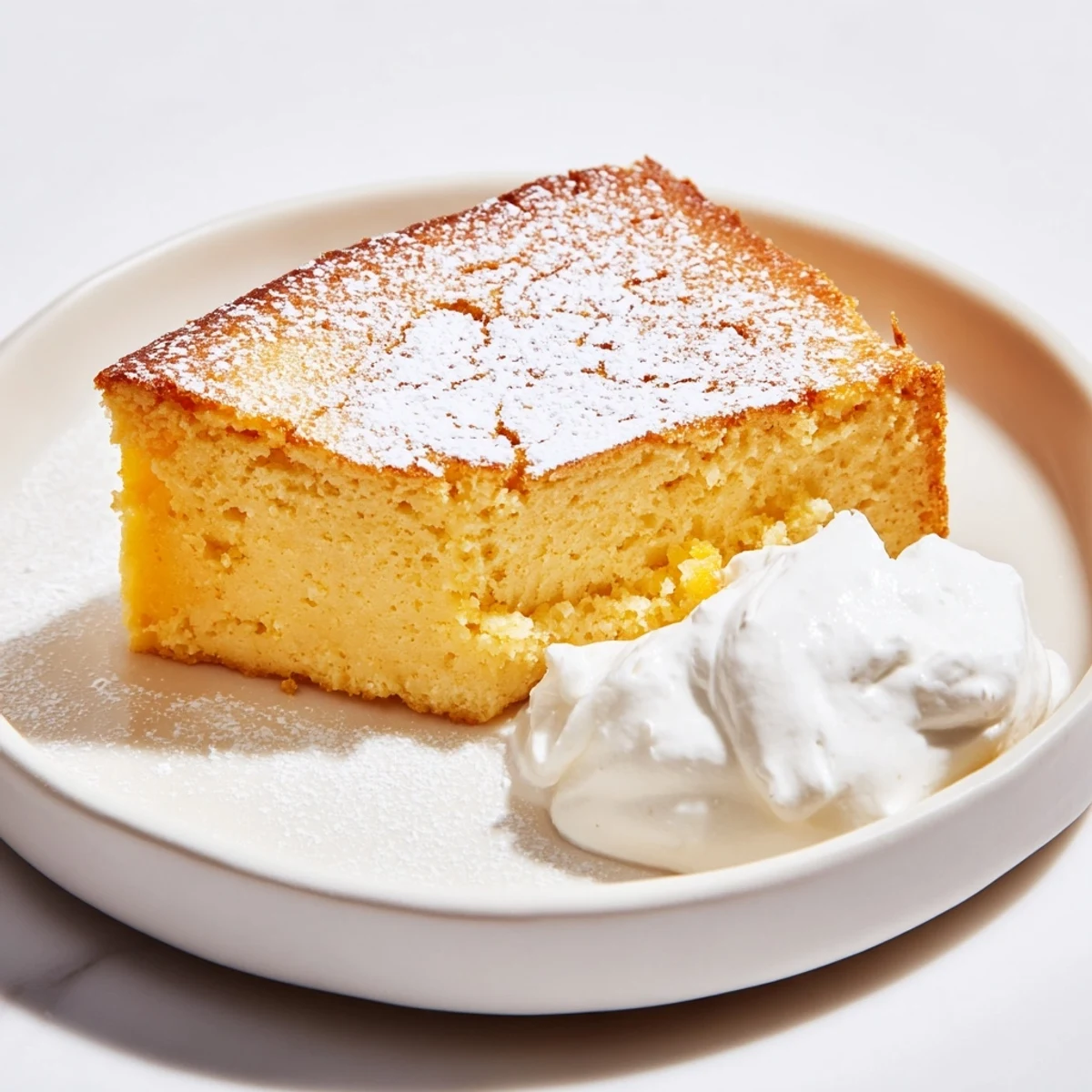 Fluffy, golden, and dreamy Simplified Pumpkin Magic Cake, perfect for a cozy fall dessert shared.