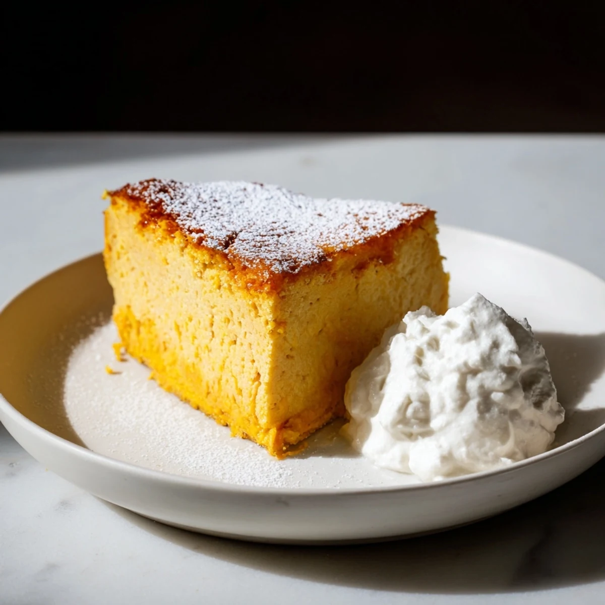 Slice of warm Simplified Pumpkin Magic Cake dusted with powdered sugar, ready to serve.