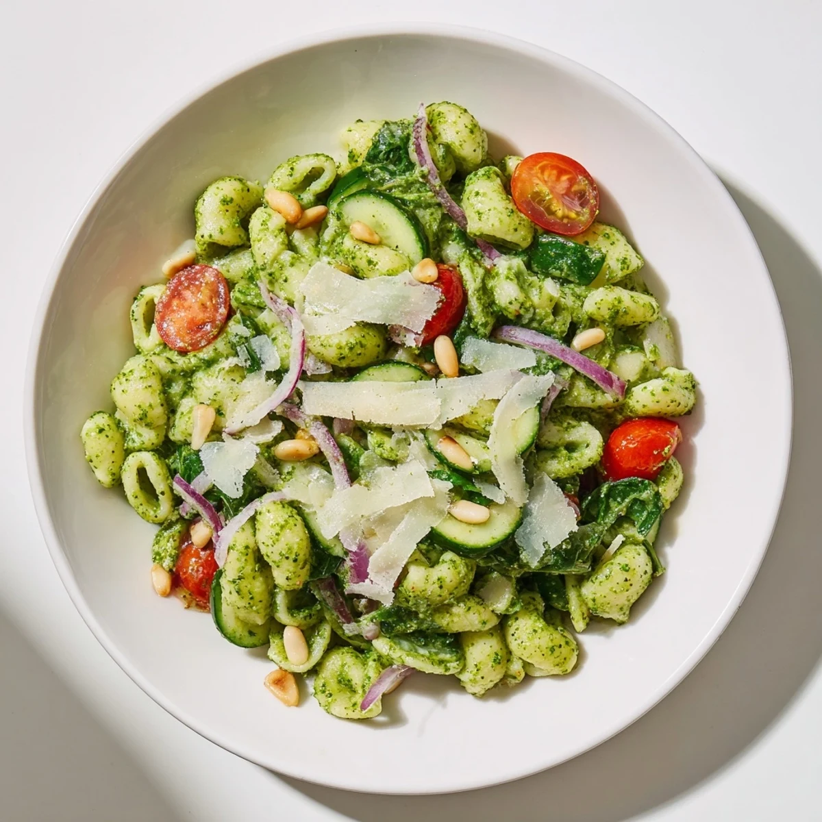 A beautiful, cool, and creamy bowl of Caesar Pesto Ditalini Salad ready to eat.