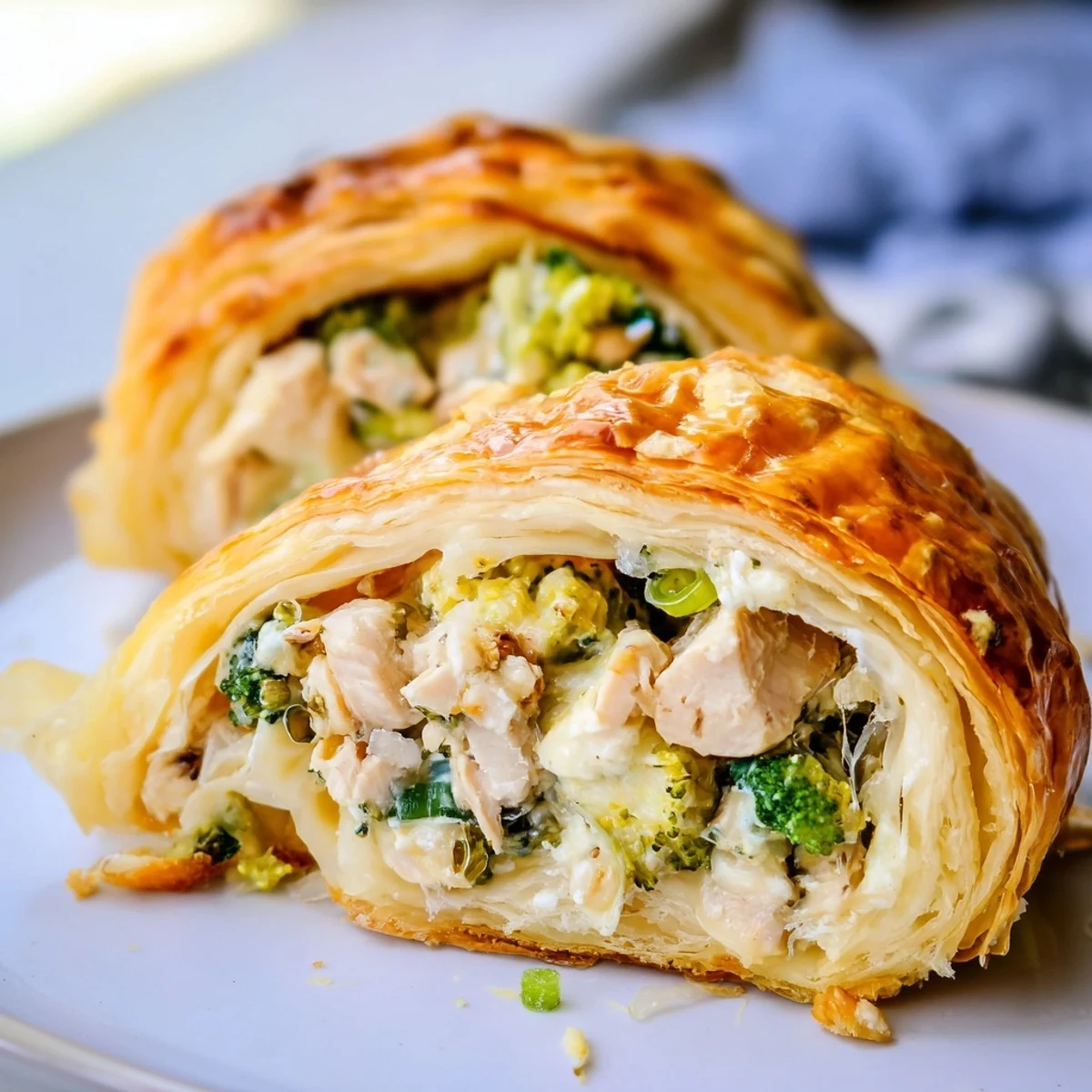 Flaky, golden-brown Creamy Chicken and Broccoli Puff Pastry Rolls, an enticing appetizer, ready to eat.