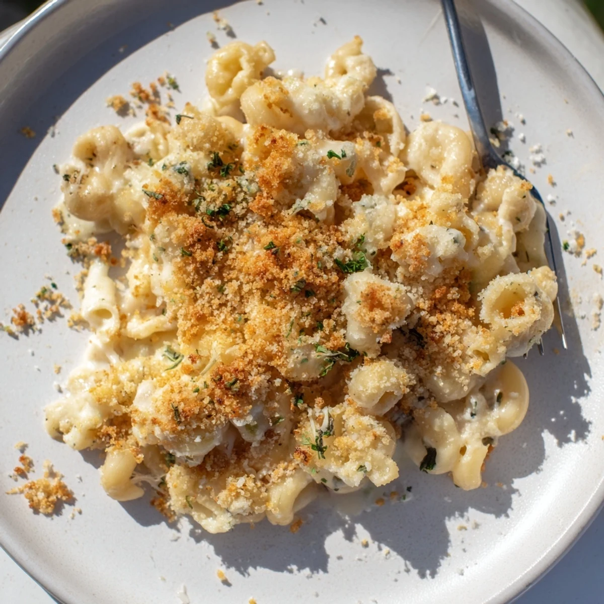 A warm, creamy serving of Lightened Mac & Cheese Snowflake Pasta Bake, bubbling hot from the oven.