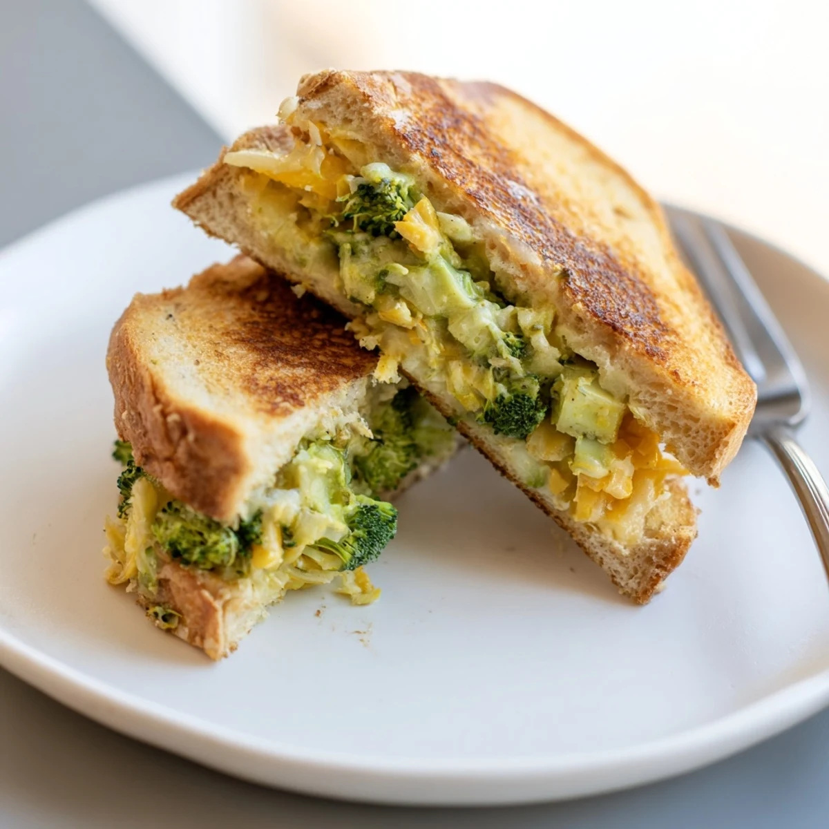 Close-up of a delicious air fryer broccoli cheddar stuffed grilled cheese, ready for a satisfying bite.