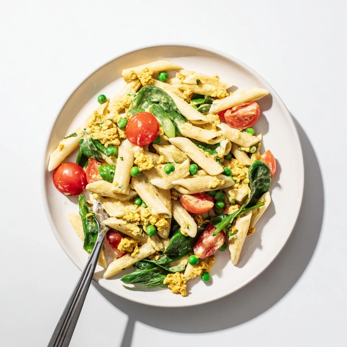 Golden-brown pea protein crumbles in the one-pot creamy pesto pasta, alongside bright green peas and tomatoes.
