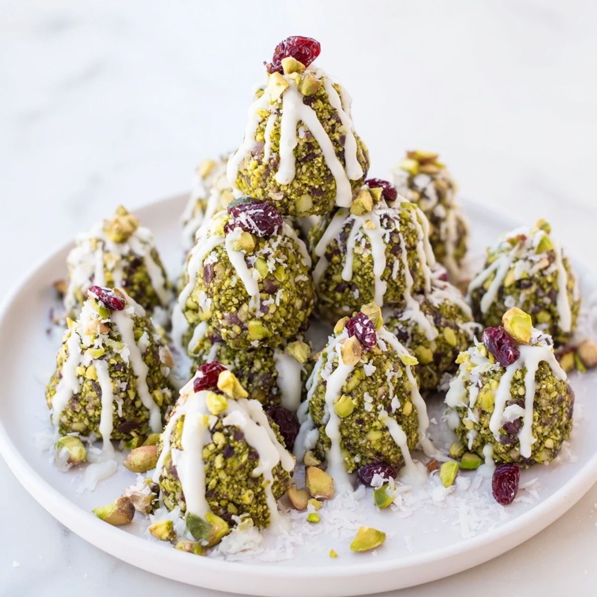 Vibrant green Matcha Pistachio Christmas Tree Energy Bites, perfect festive snacks, ready in minutes with a healthy boost.
