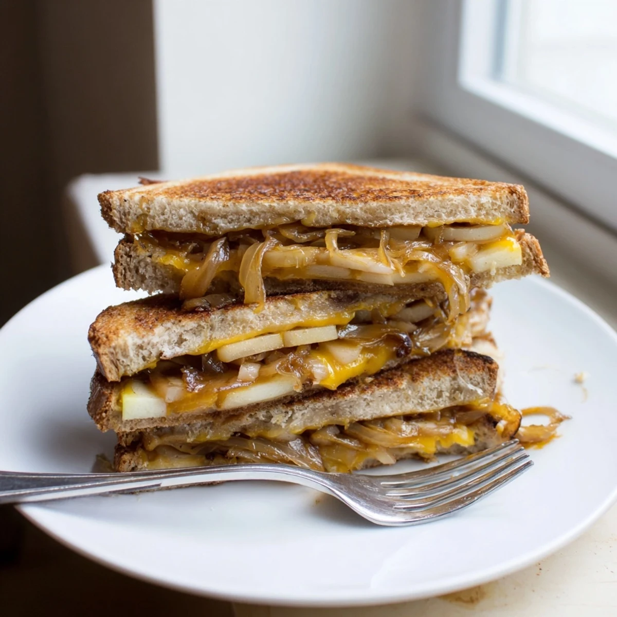 Close-up of a warm Caramelized Onion, Apple & Cheddar Grilled Cheese with oozing, melted cheddar cheese.