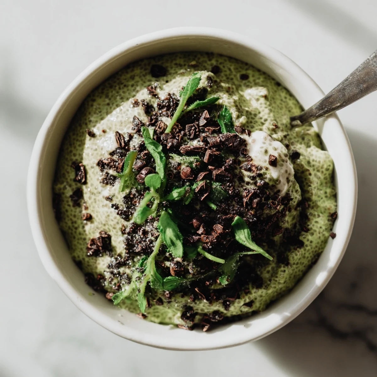 Thick and green Grinch Matcha Mint Chia Pudding, with cacao nibs and mint, perfect for a healthy breakfast.