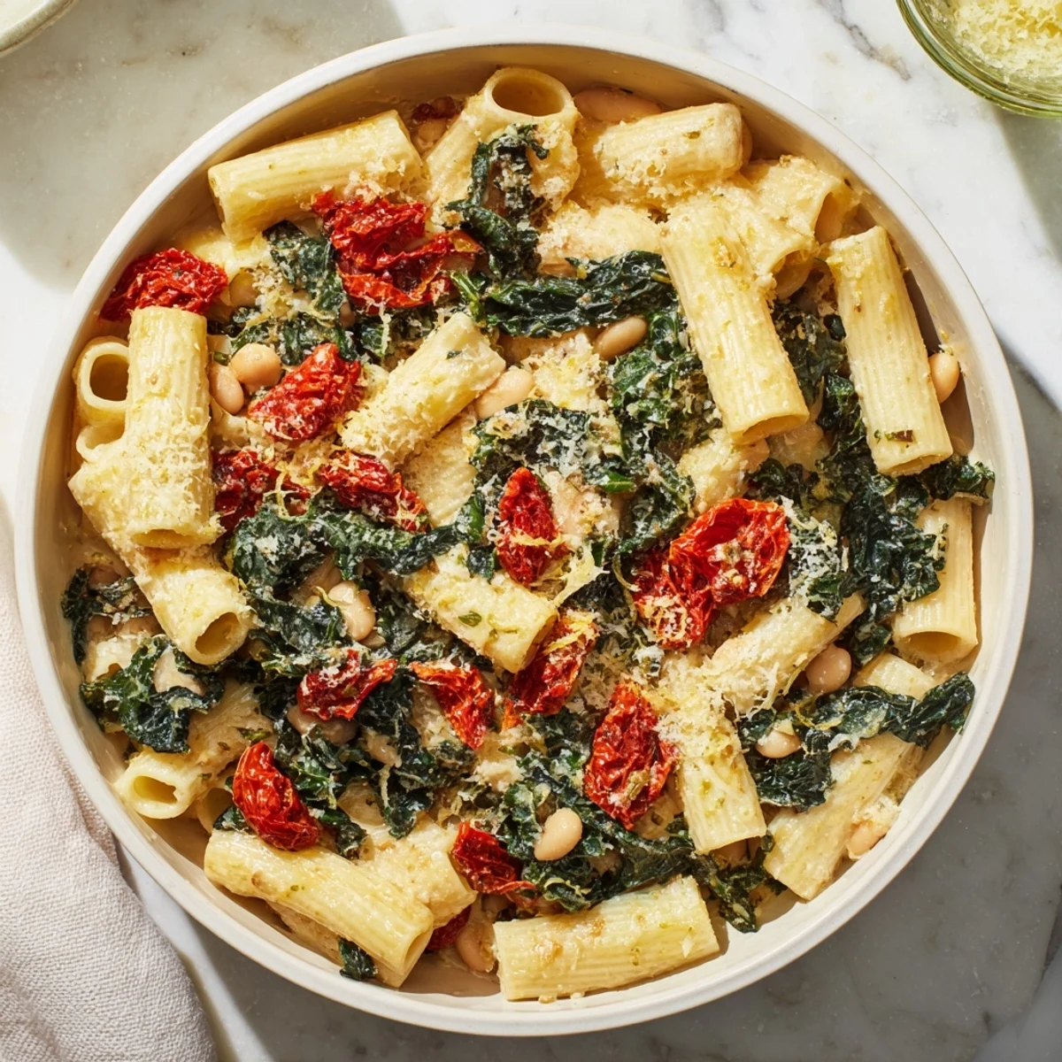 Healthy Tuscan White Bean & Kale Christmas Pasta, a vibrant medley of kale, beans, and pasta, ready to serve.