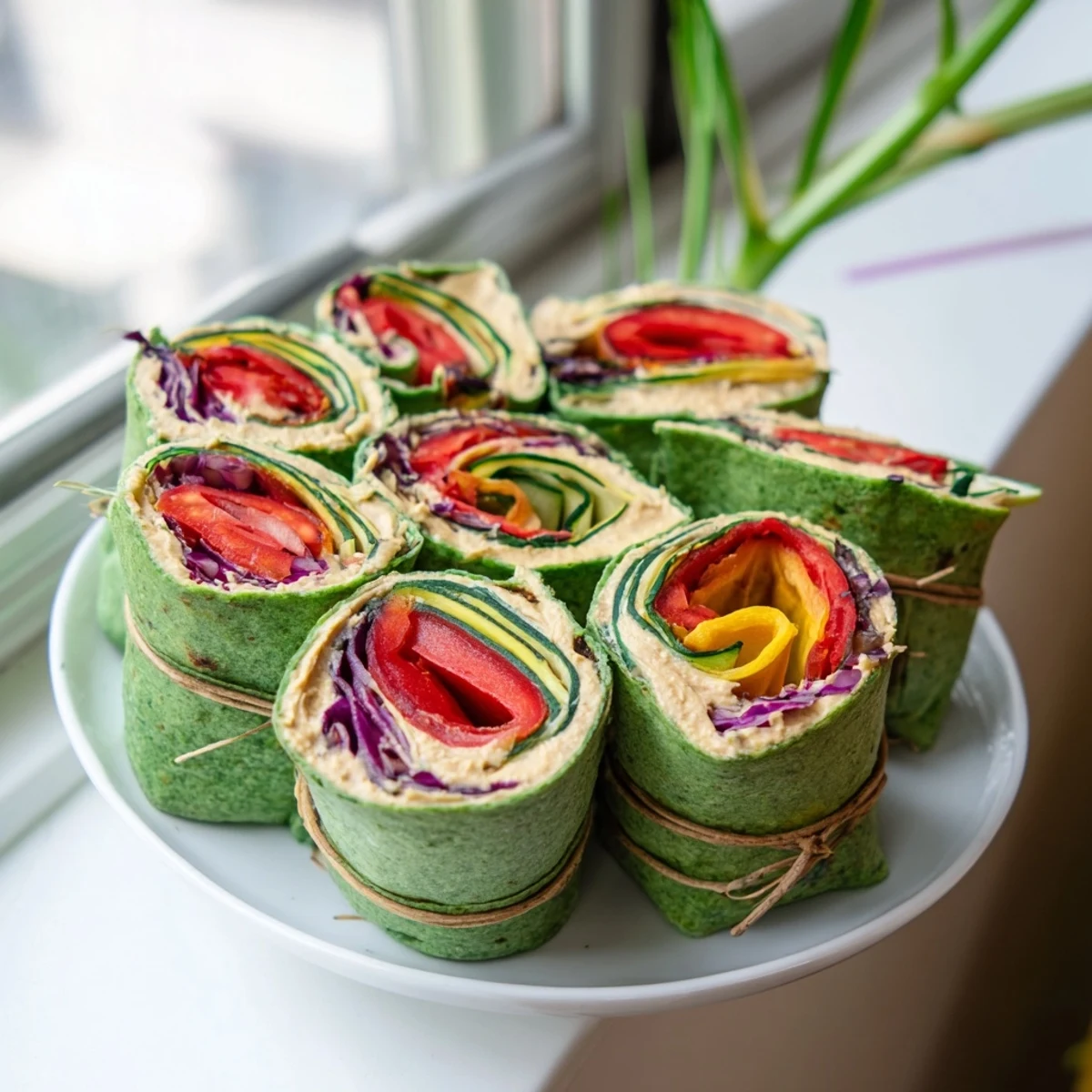 Vibrant Roasted Veggie & Hummus Candy Cane Wrap roll-ups arranged in a festive, striped holiday design.