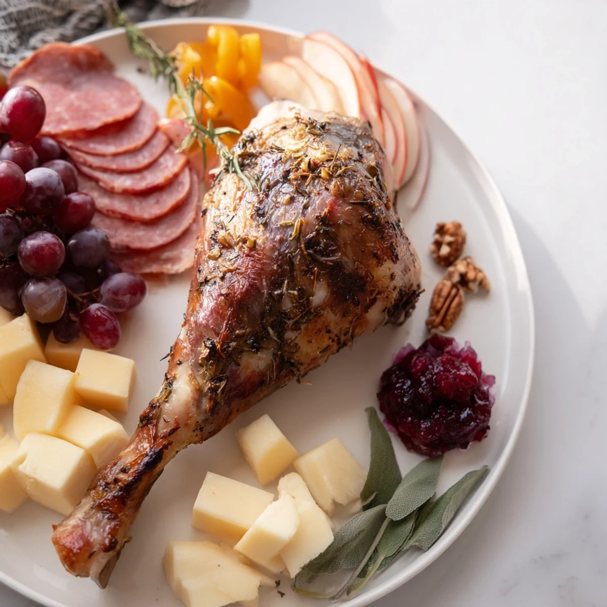 Thanksgiving Turkey Legs Charcuterie board with delicious meats, cheese, fruits and holiday flavors.