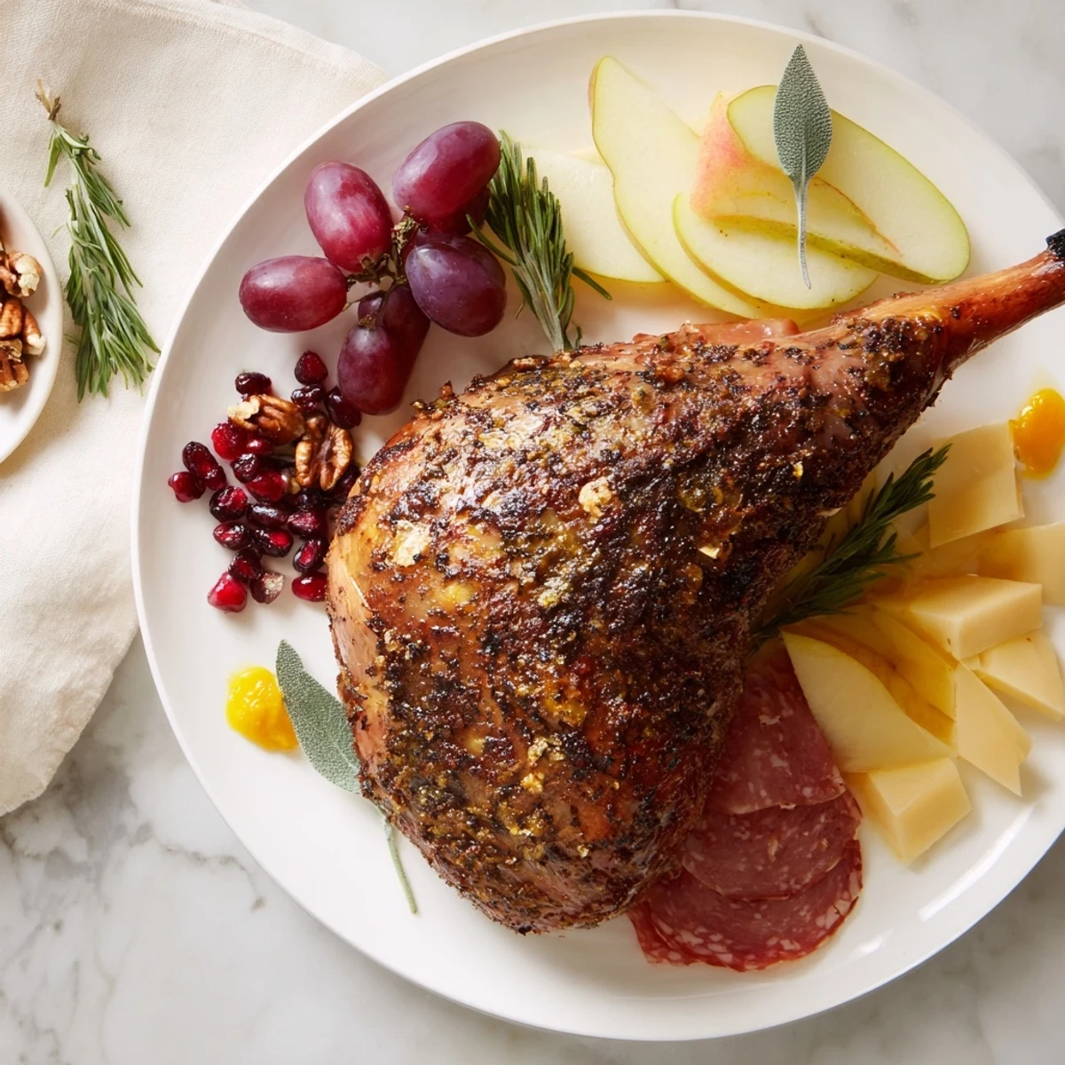 A charcuterie board showcasing perfectly roasted Thanksgiving Turkey Legs with seasonal fruits and nuts.
