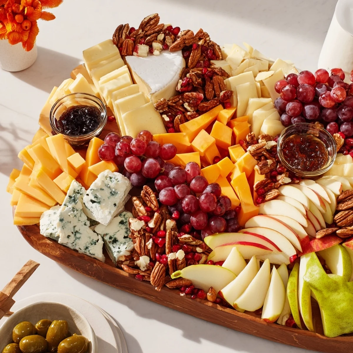 This colorful Cornucopia Harvest Board displays an inviting assortment, perfect for holiday entertaining with delicious foods.