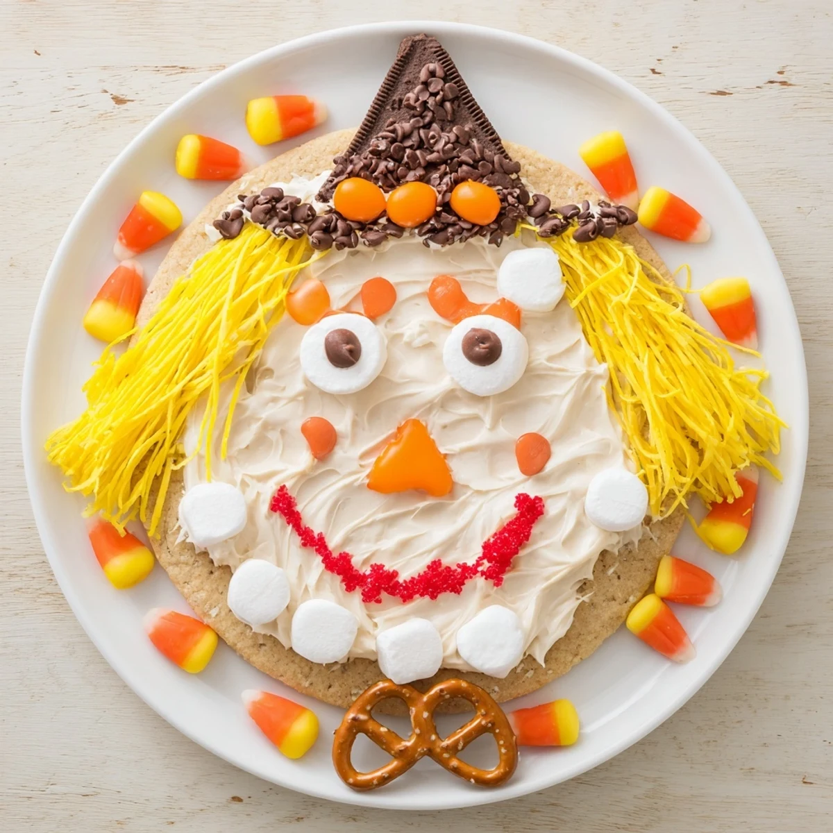 Scarecrow Candy Platter: A festive arrangement showcasing a smiling scarecrow made entirely of colorful candies.