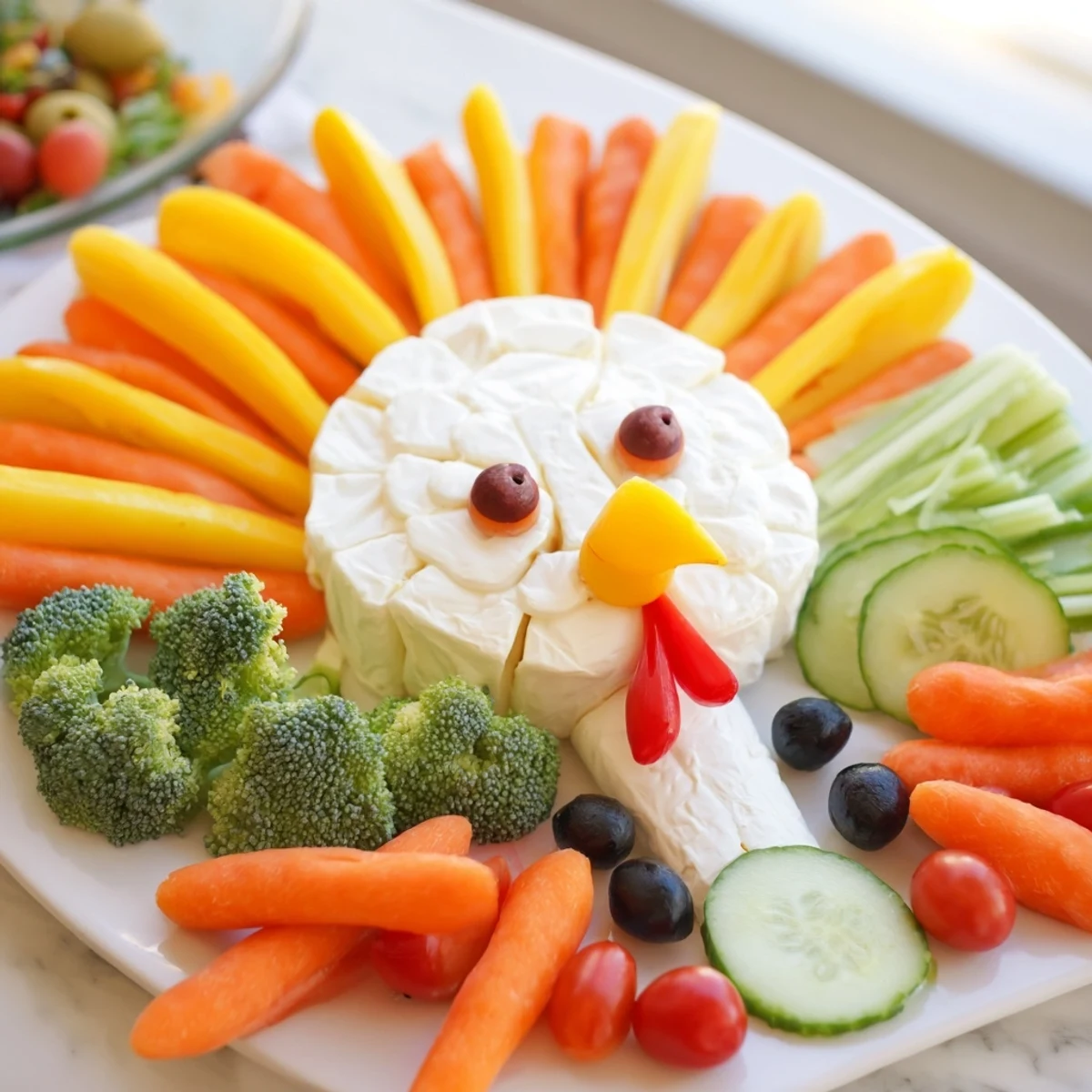 Turkey Shaped Appetizer Tray featuring colorful vegetables arranged for a delightful holiday snack.