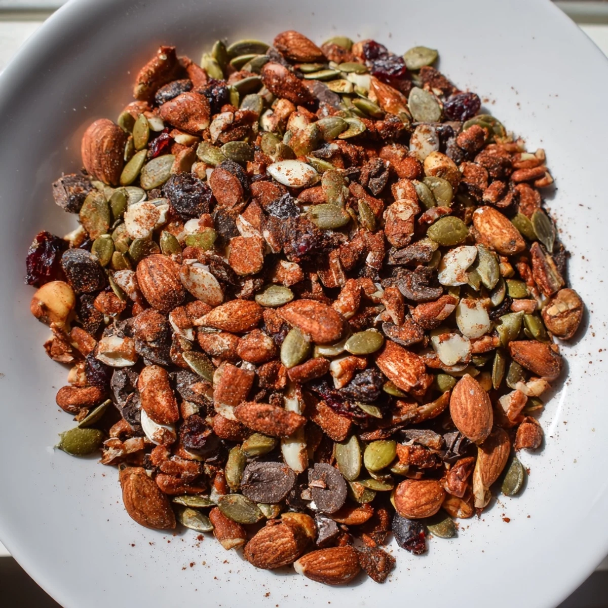 Golden-brown Acorn & Oak Snack Mix with cranberries and chocolate chips, perfect to share.