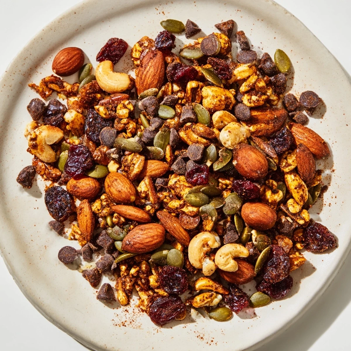 A close-up of a rustic bowl filled with fresh, crunchy Acorn & Oak Snack Mix.