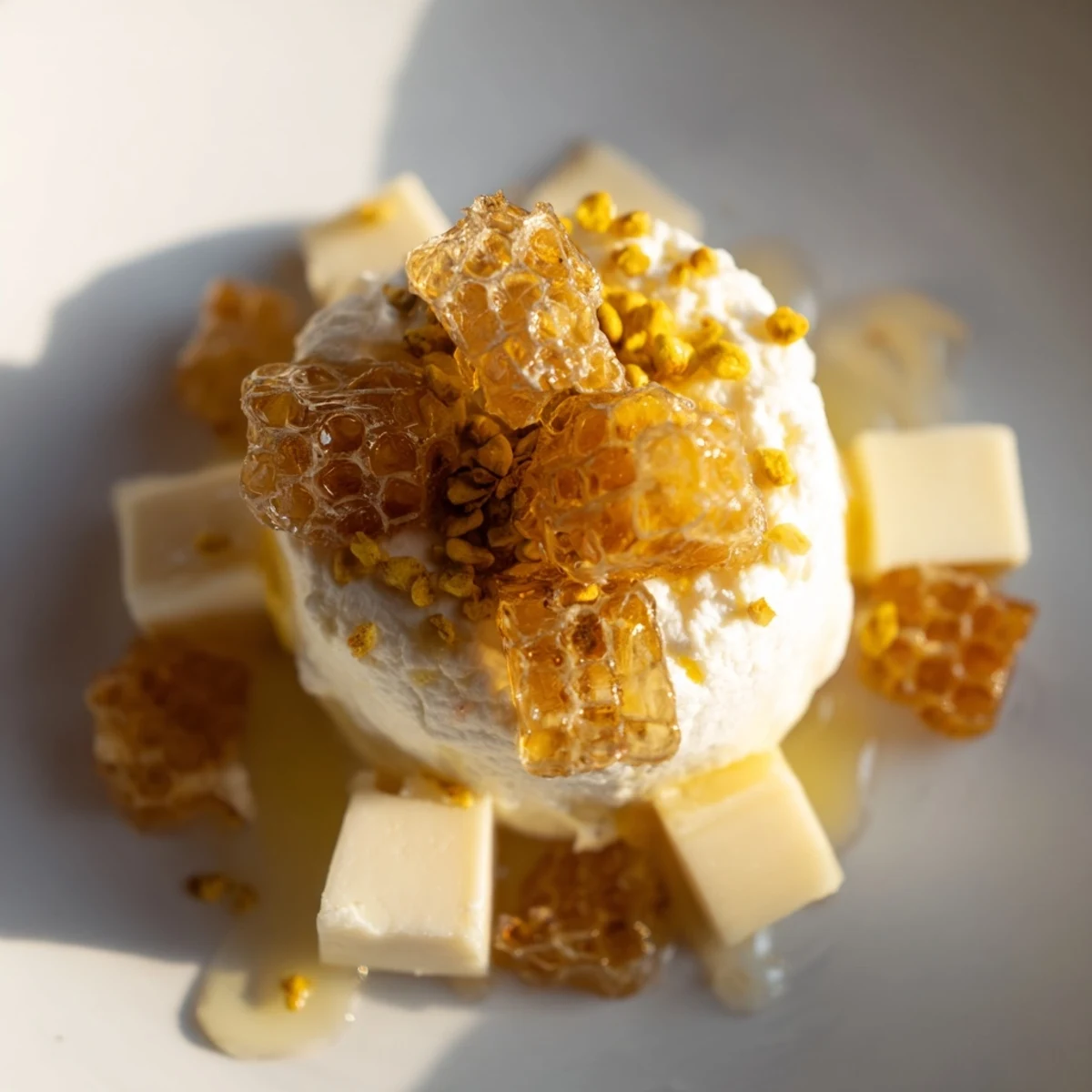 Golden honeycomb, creamy cheeses, and fruits compose this delightful Busy Bee Honeycomb Snack Plate.