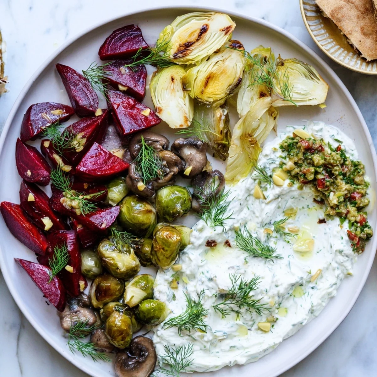Earthy tones fill this Pine Forest Winter Mezze Board, promising a delicious vegetarian appetizer with festive flair.