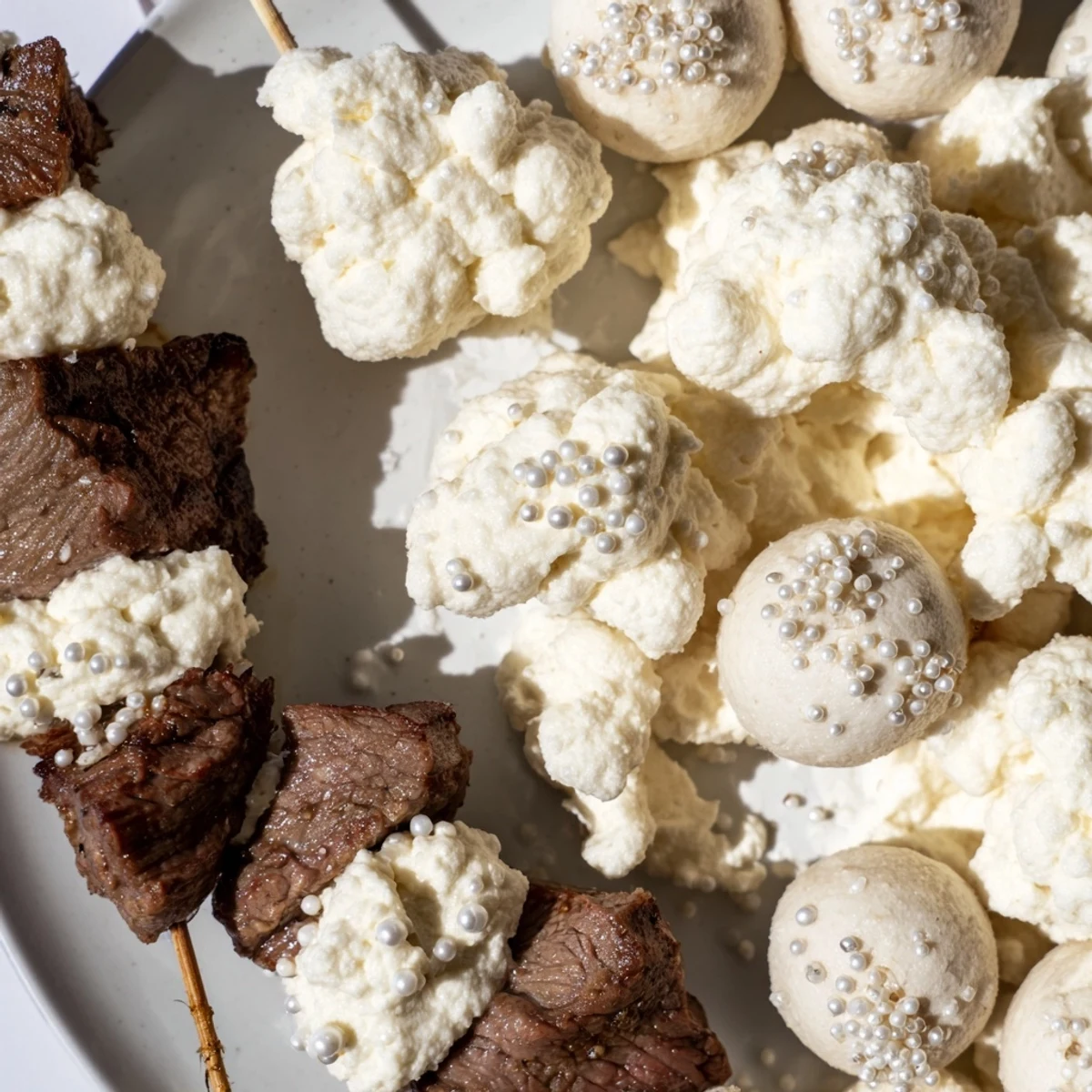 A baby shower grazing board with tender lamb bites, fluffy cheese clouds, and vibrant fresh vegetables.
