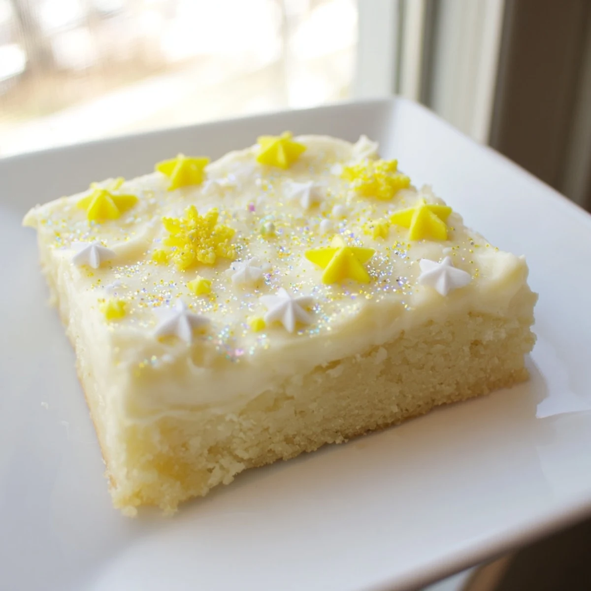 Twinkle Twinkle Star Dessert Bars showcase golden shortbread topped with vanilla frosting and festive sprinkles.