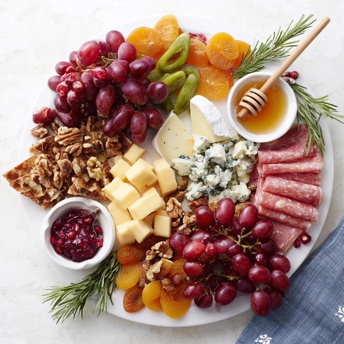 Elegant Christmas 2025 Festive Grazing Board boasting artisanal cheeses, meats, fresh fruits, and festive garnishes.