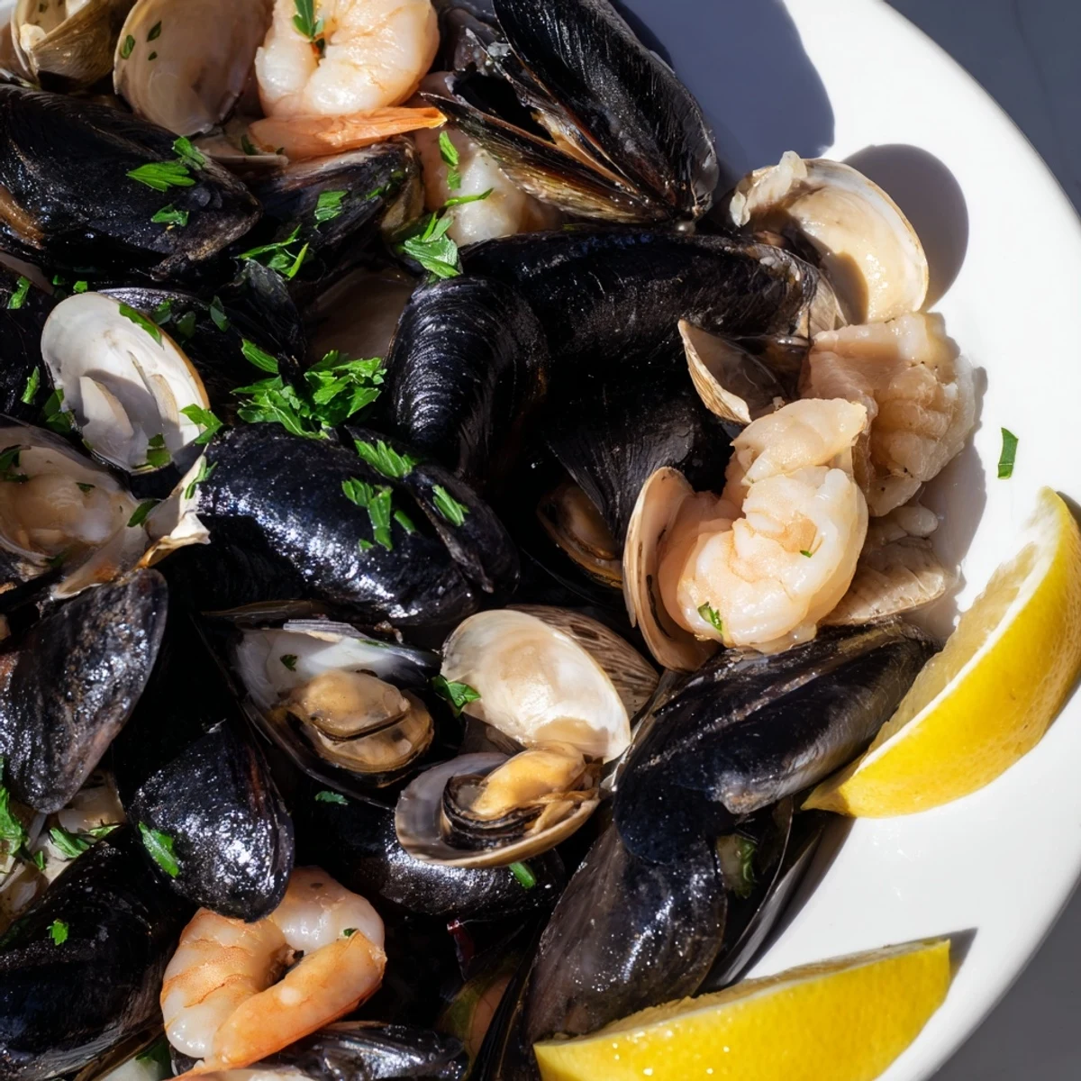 A flavorful close-up reveals the exquisite Shellfish & Seafood Medley, with fragrant parsley and glistening seafood ready to serve.