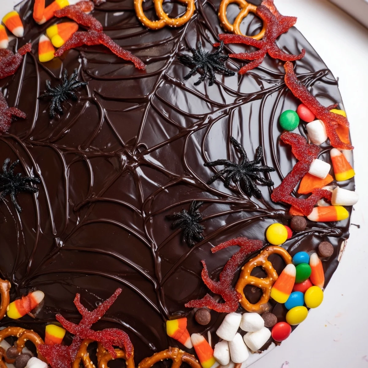 Delectable Spiderweb Candy Platter, a visually stunning Halloween treat with chocolate and assorted candies.