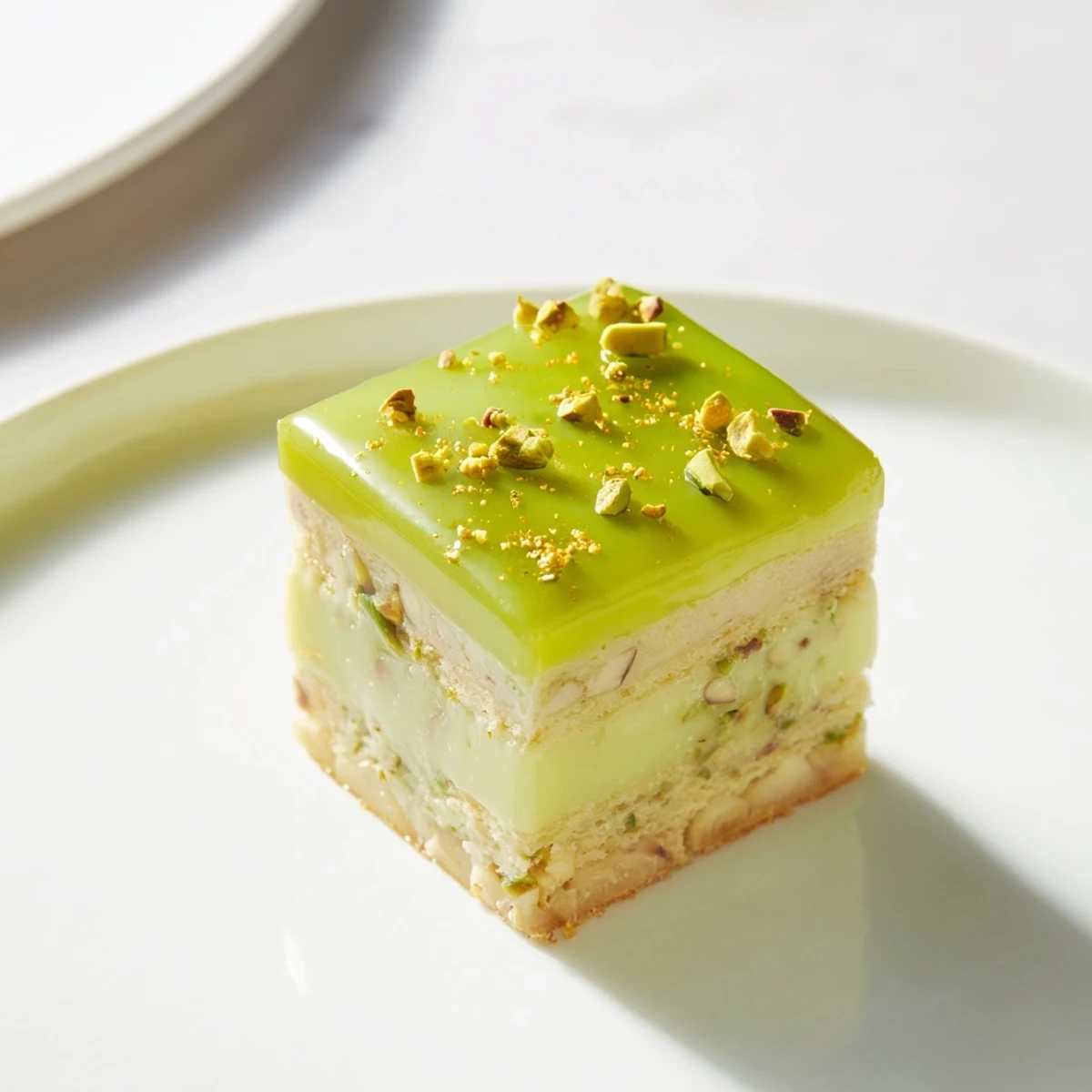 A close-up shot of elegant Grenouille Royale Petits Fours, showing layers of almond sponge and glossy glaze.