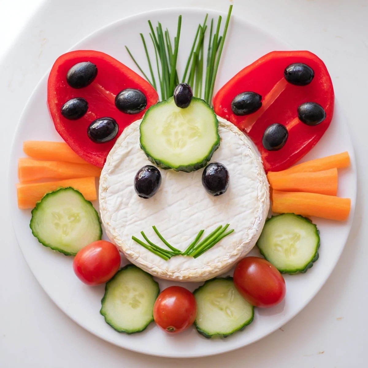 Beautiful Coccinelle Amusante Planche Pique-Nique platter with vibrant red bell pepper ladybug wings and cheese body.