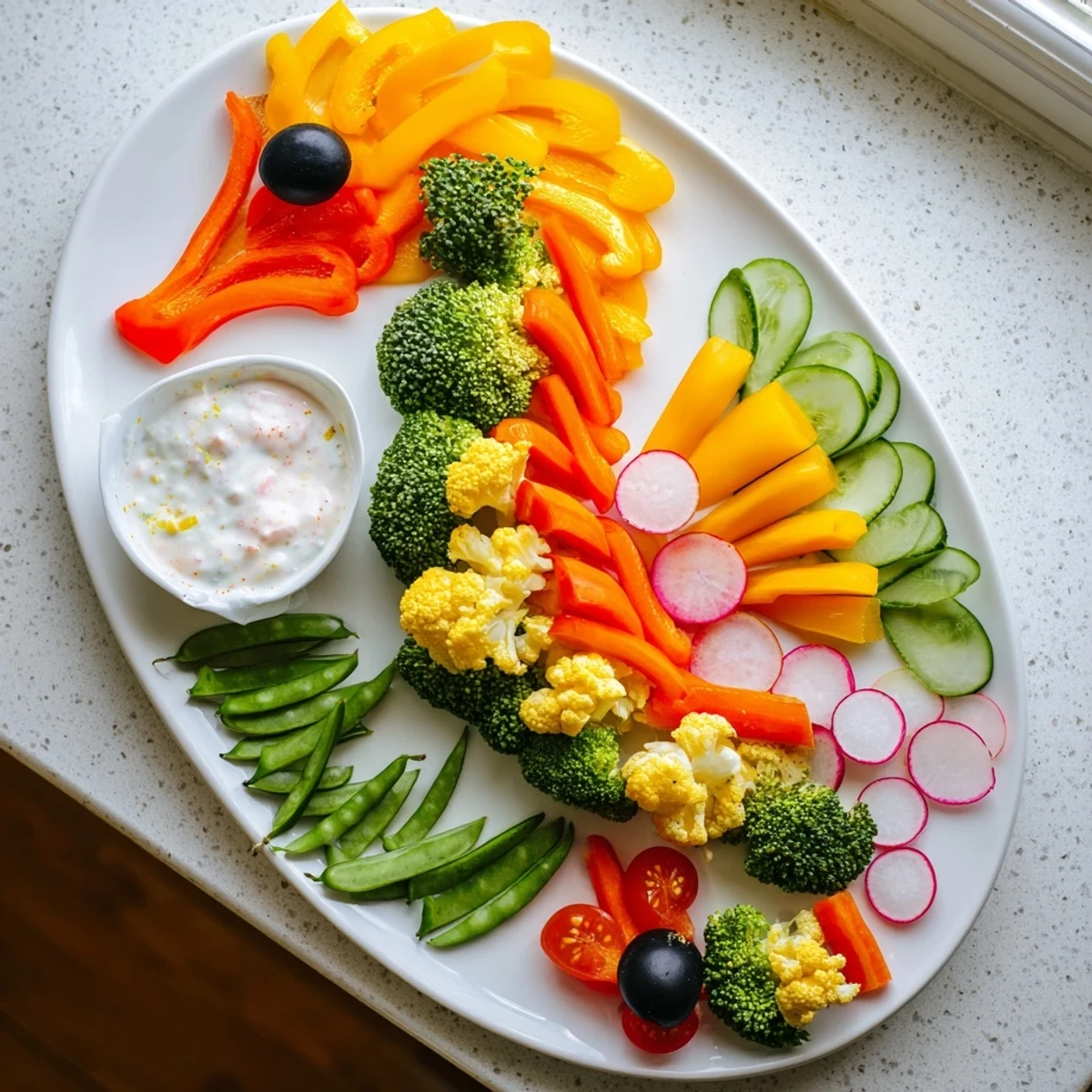 Vibrant seahorse veggie dip platter with colorful peppers, broccoli, and a creamy, cool dip.