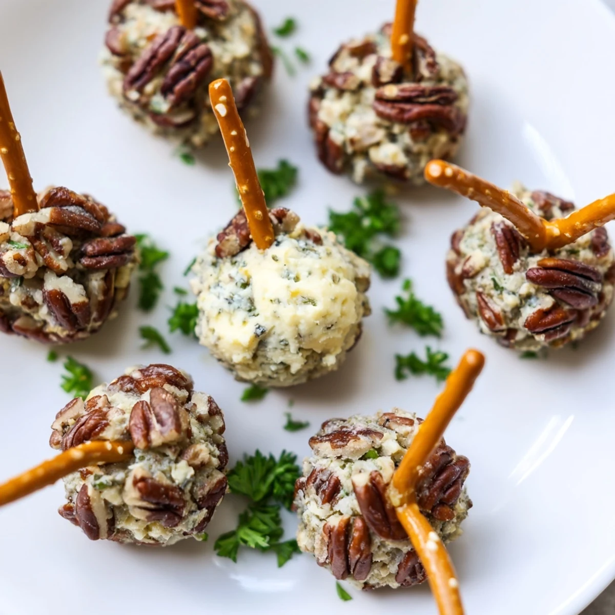 Savory acorn-shaped cheese ball bites, coated in pecans and herbs, ready for fall appetizers.