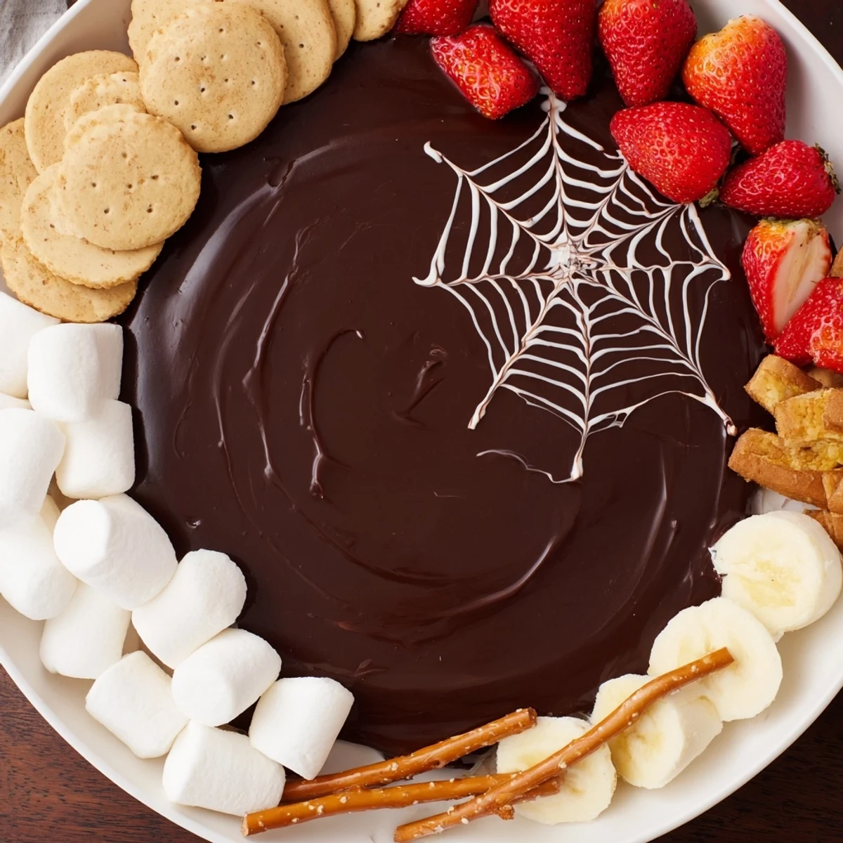 Decadent Spiderweb Chocolate Ganache Board with fresh fruit and pretzel dippers ready to enjoy.