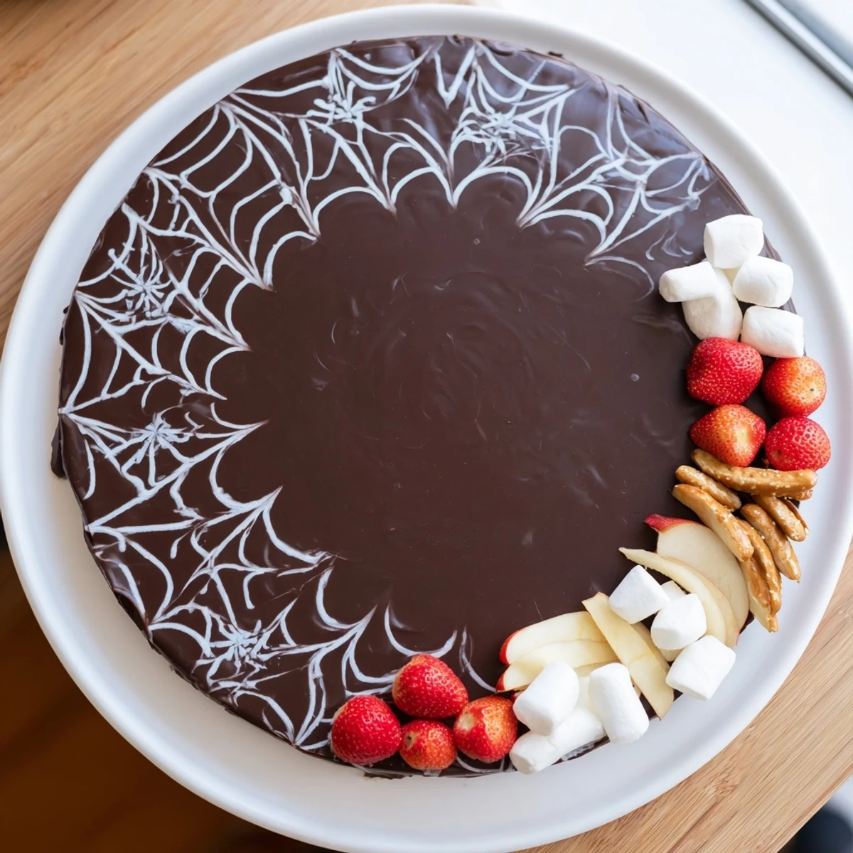 Halloween-themed Spiderweb Chocolate Ganache Board: a glossy, dark chocolate masterpiece with white web design.