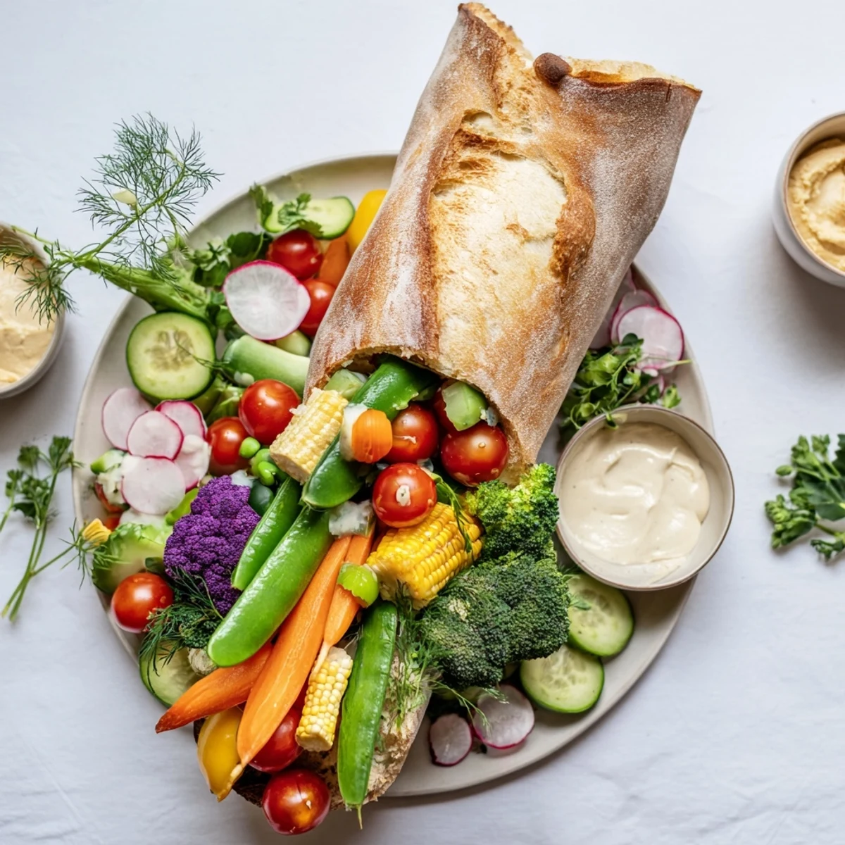 Vibrant cornucopia veggie board overflowing with colorful, crisp fresh vegetables, a perfect appetizer.