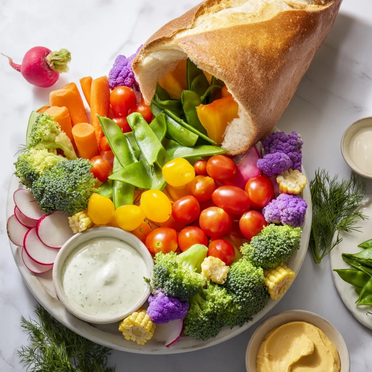 A healthy and appealing cornucopia veggie board featuring a bounty of raw vegetables and creamy dips.