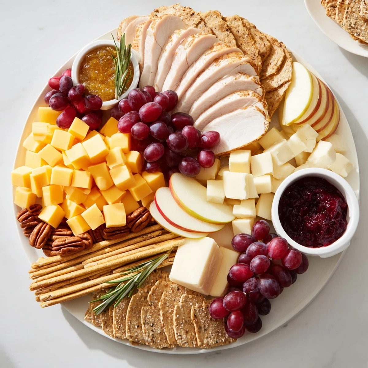 Festive turkey cheese and cracker board, overflowing with savory meats, cheeses, crackers, and sweet fruit.