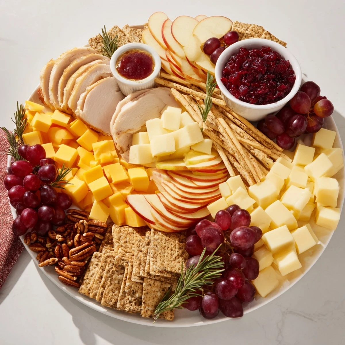 A colorful turkey cheese and cracker board with sliced turkey, golden crackers, and creamy cheeses.