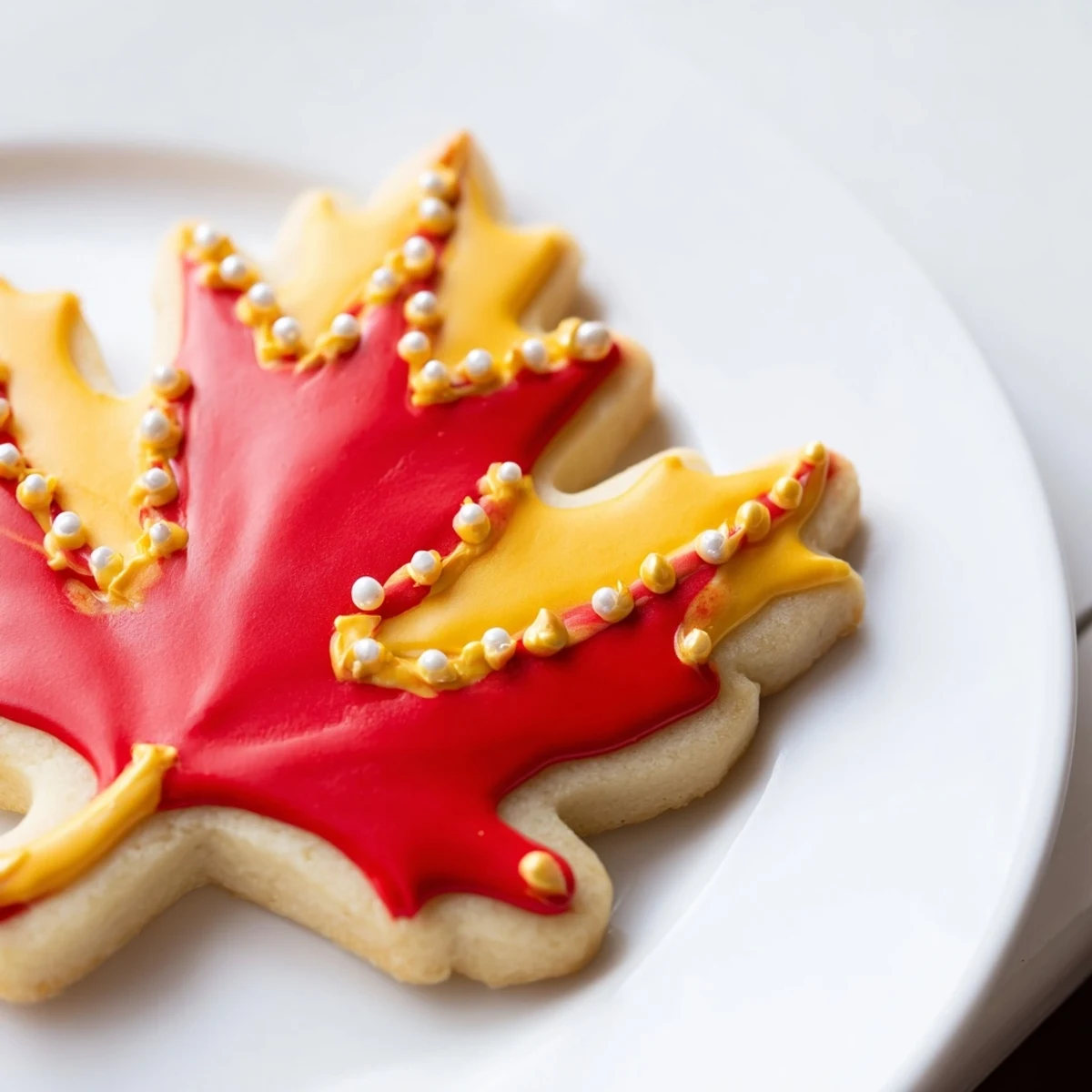 Freshly baked Maple Leaf Cookies, generously decorated with vibrant autumn-colored royal icing.