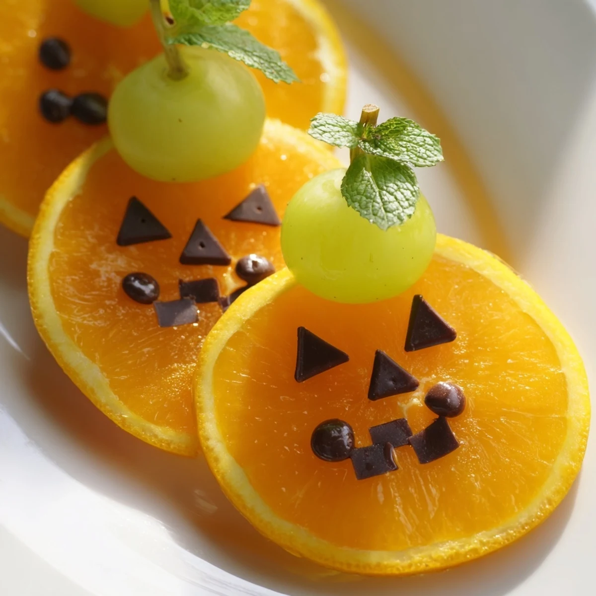 Vibrant close-up of festive pumpkin patch orange slices, decorated with green grapes and mint stems.