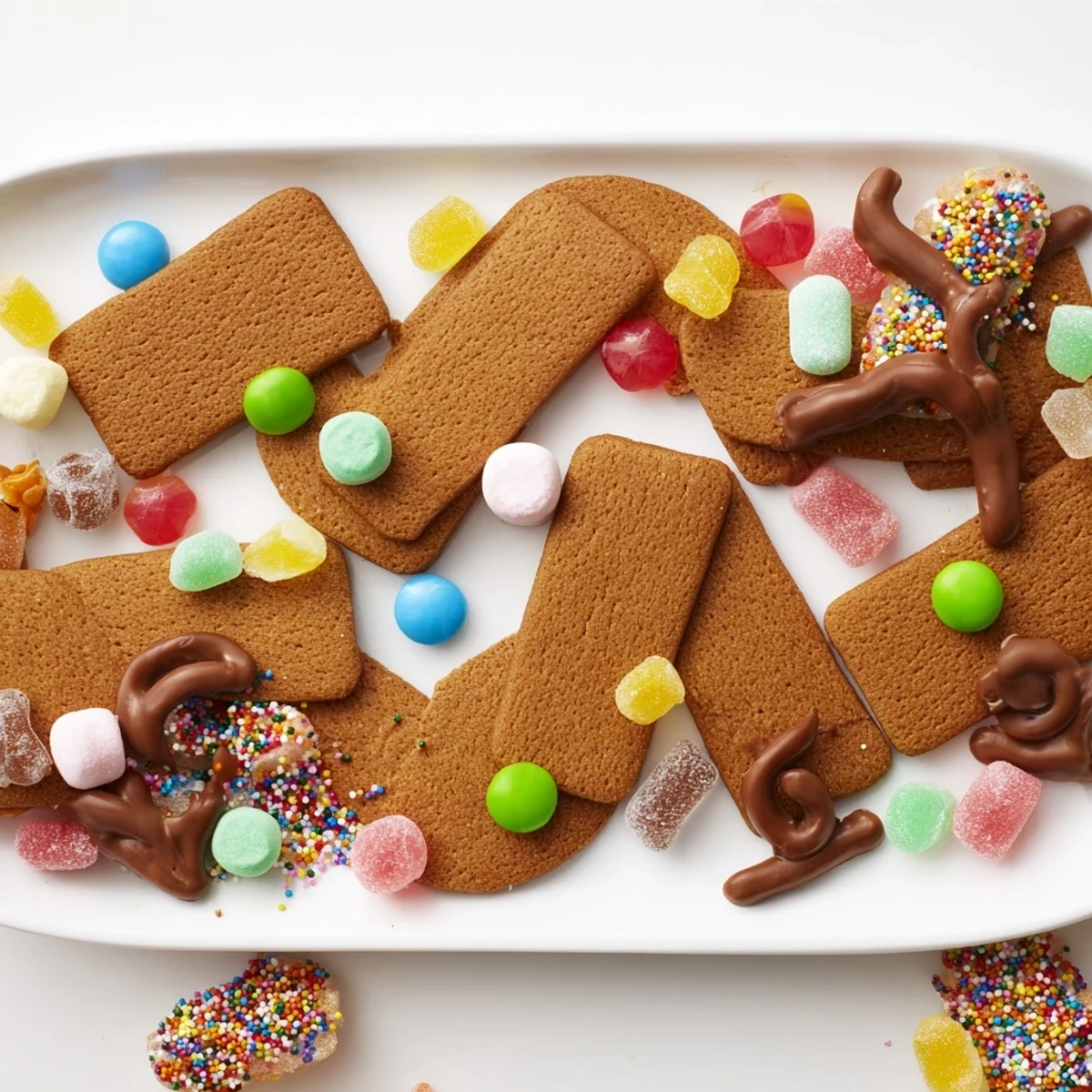 Whimsical Candy Land Gingerbread Path dessert board with colorful candies ready to eat.