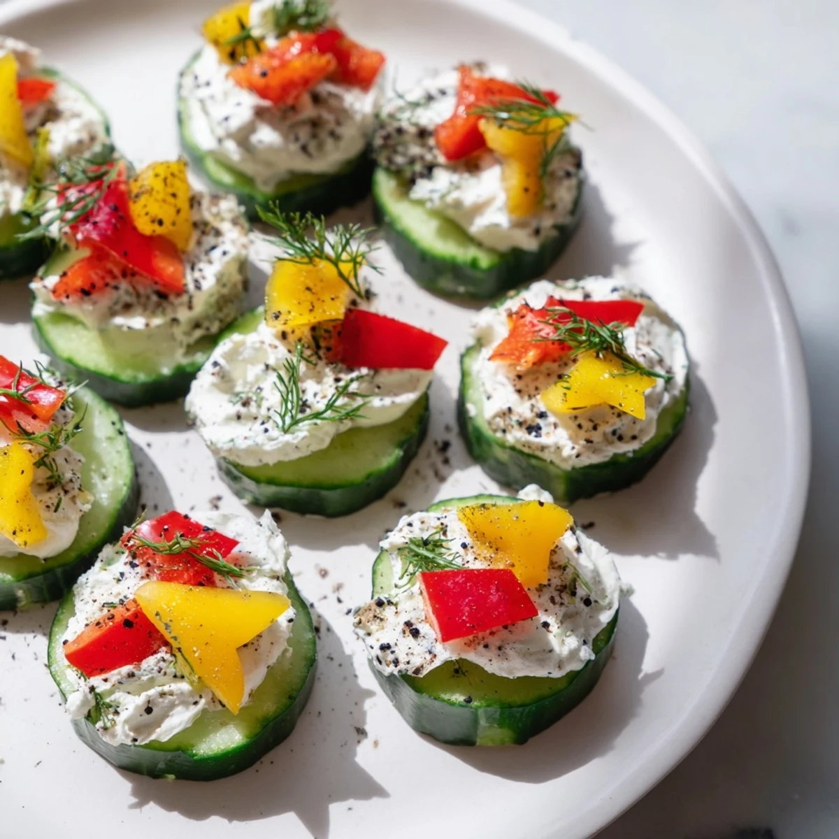 Festive Holiday Star Cucumber Bites with creamy cream cheese, diced peppers, and fresh dill garnish.