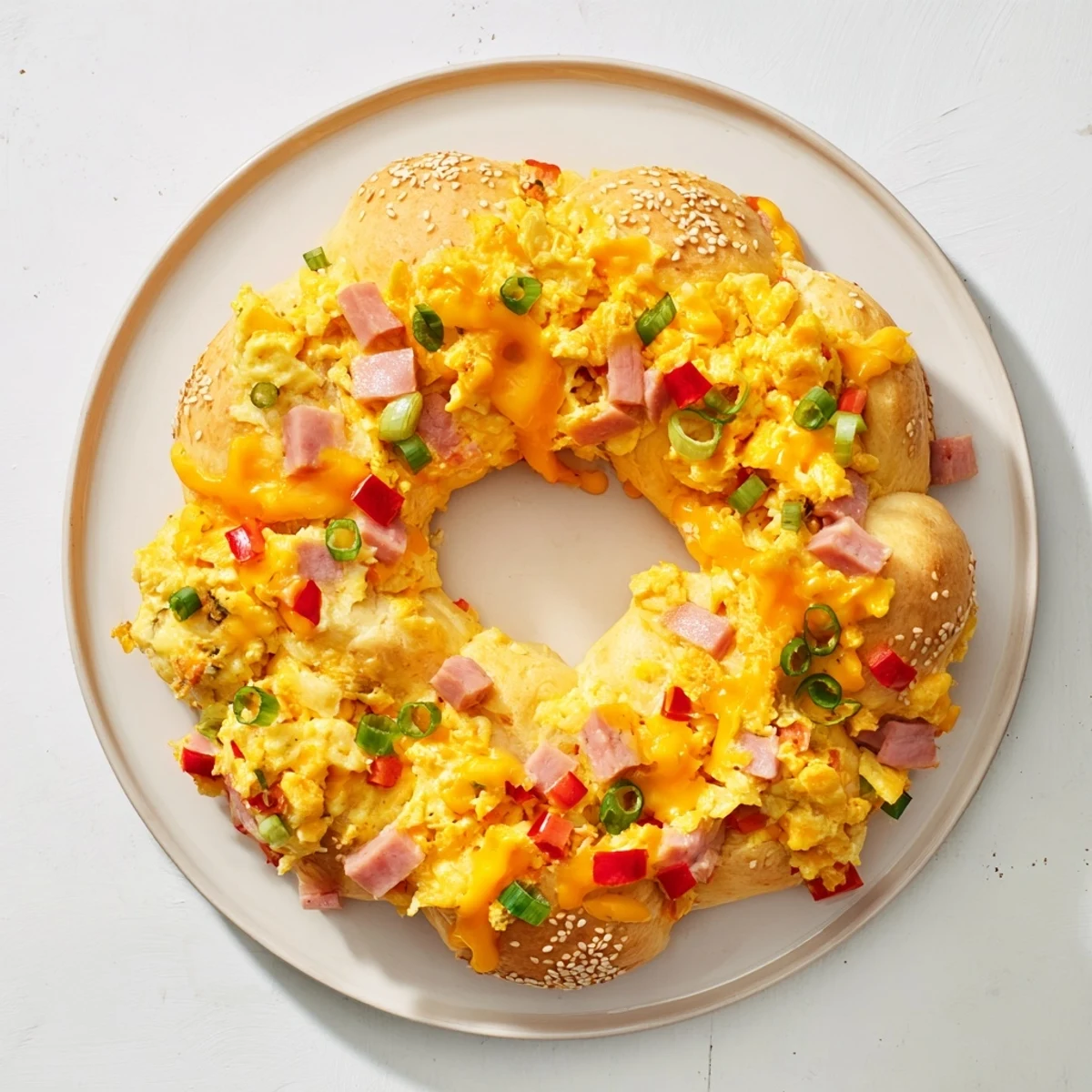 Golden-brown Wreath-Shaped Egg and Ham Bake, a savory brunch centerpiece with cheesy, fluffy eggs.