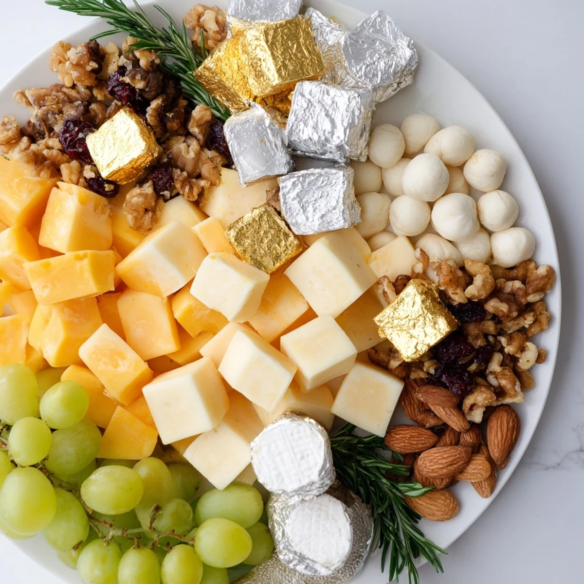 Beautiful Gold and Silver Cheese Cube Board glistening with assorted cheeses, fruits, and crackers perfect for parties.