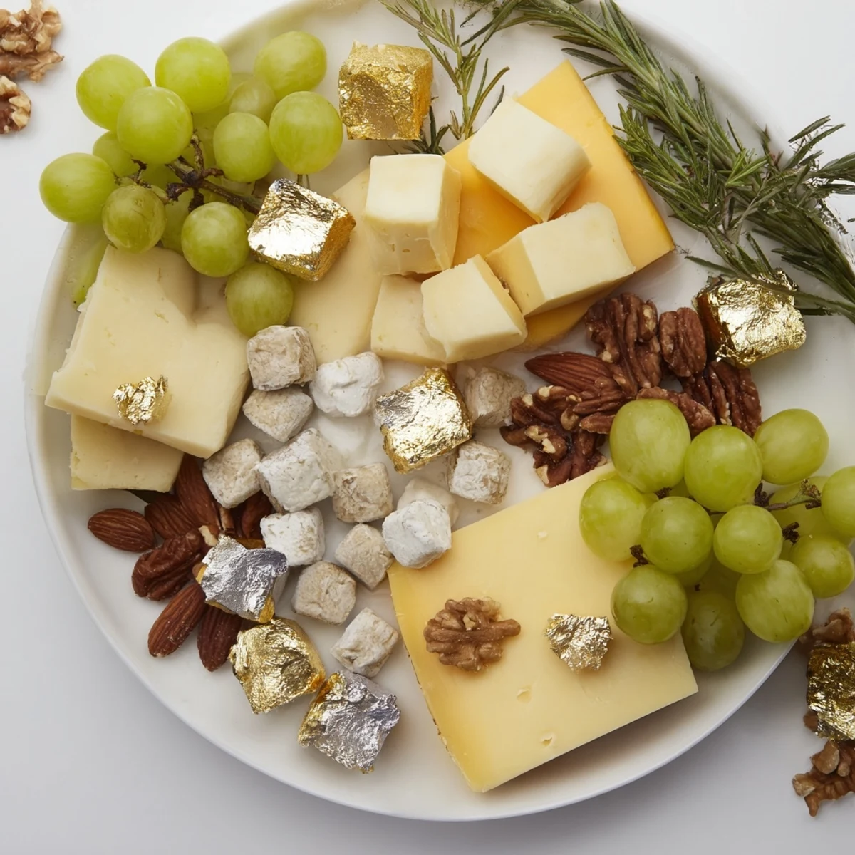 A close-up of a festive Gold and Silver Cheese Cube Board, showcasing creamy goat cheese and golden Gouda.