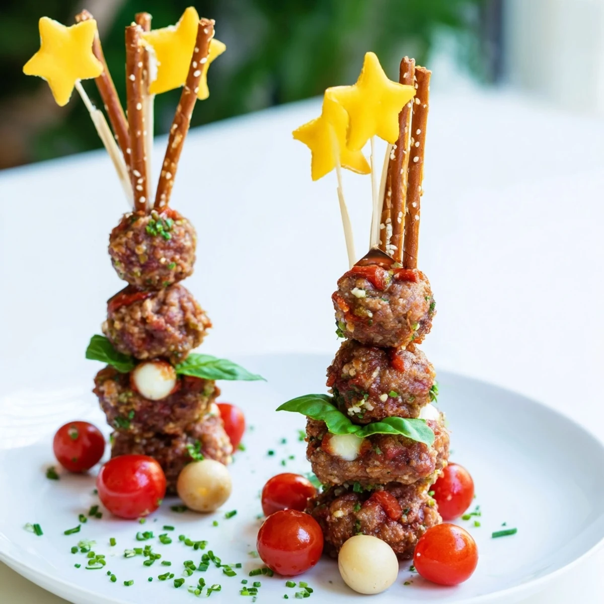 Imagine tender Savory Bites: Mini Meatball Christmas Trees glistening, ready to eat with vibrant red tomatoes.