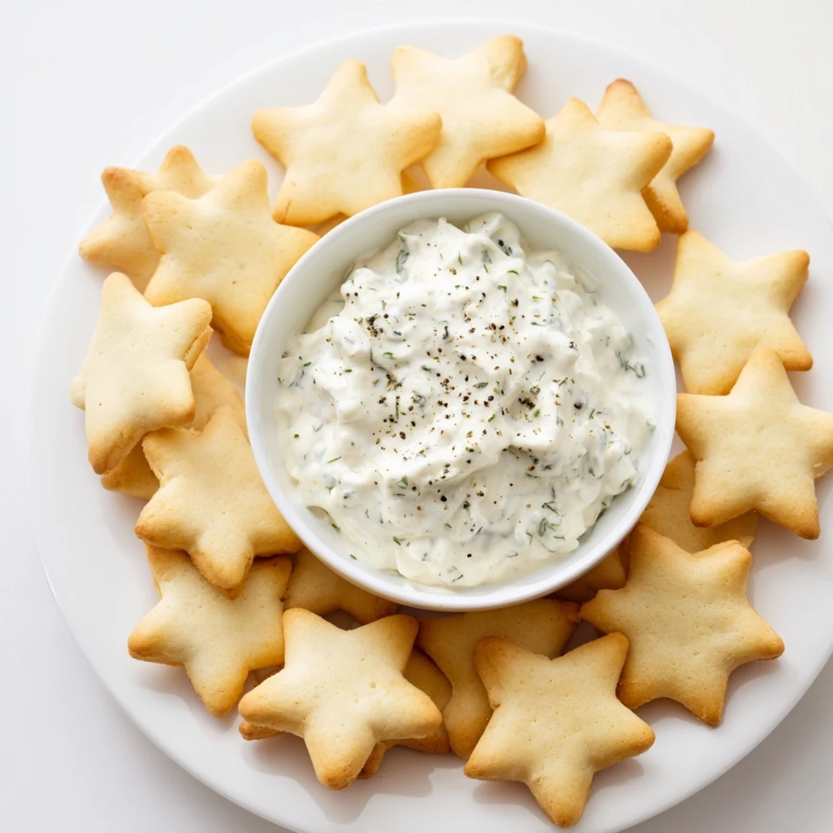 Golden, crisp holiday crackers, star-shaped and arranged for dipping in the creamy center.