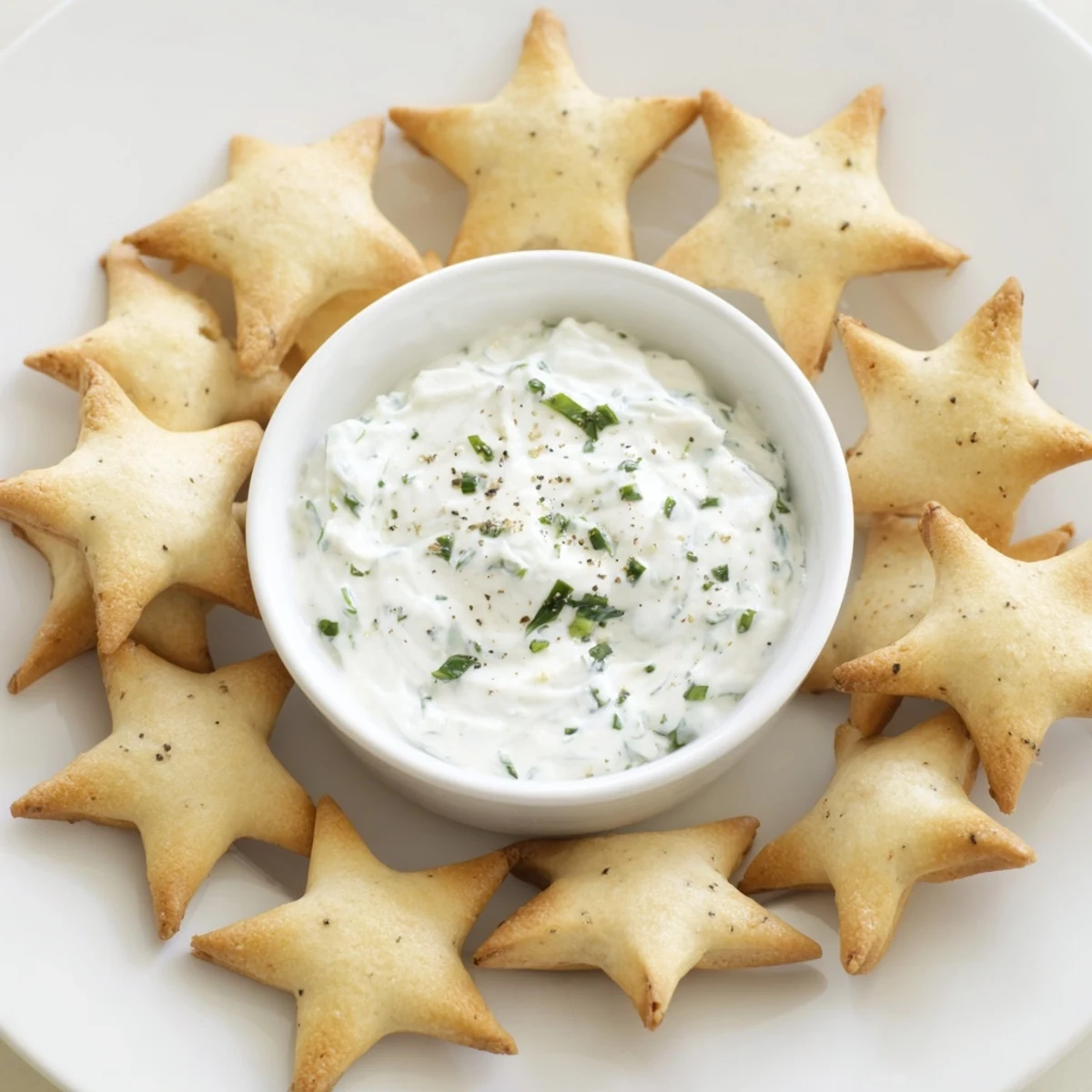 Festive picture of holiday crackers with a creamy dip, perfect for a party, light and airy.