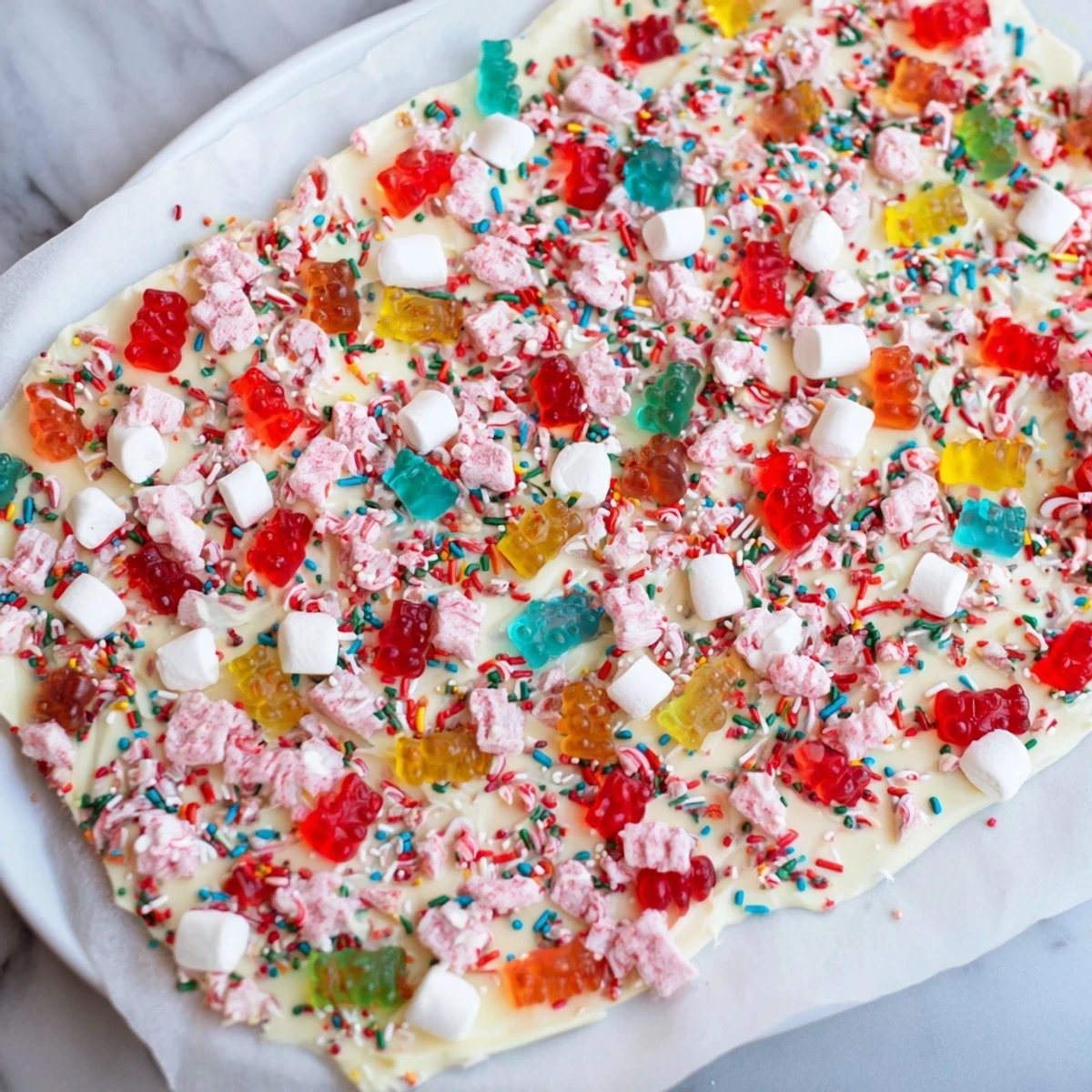 A vibrant photo of colorful gummy bears and candy canes scattered on white chocolate.