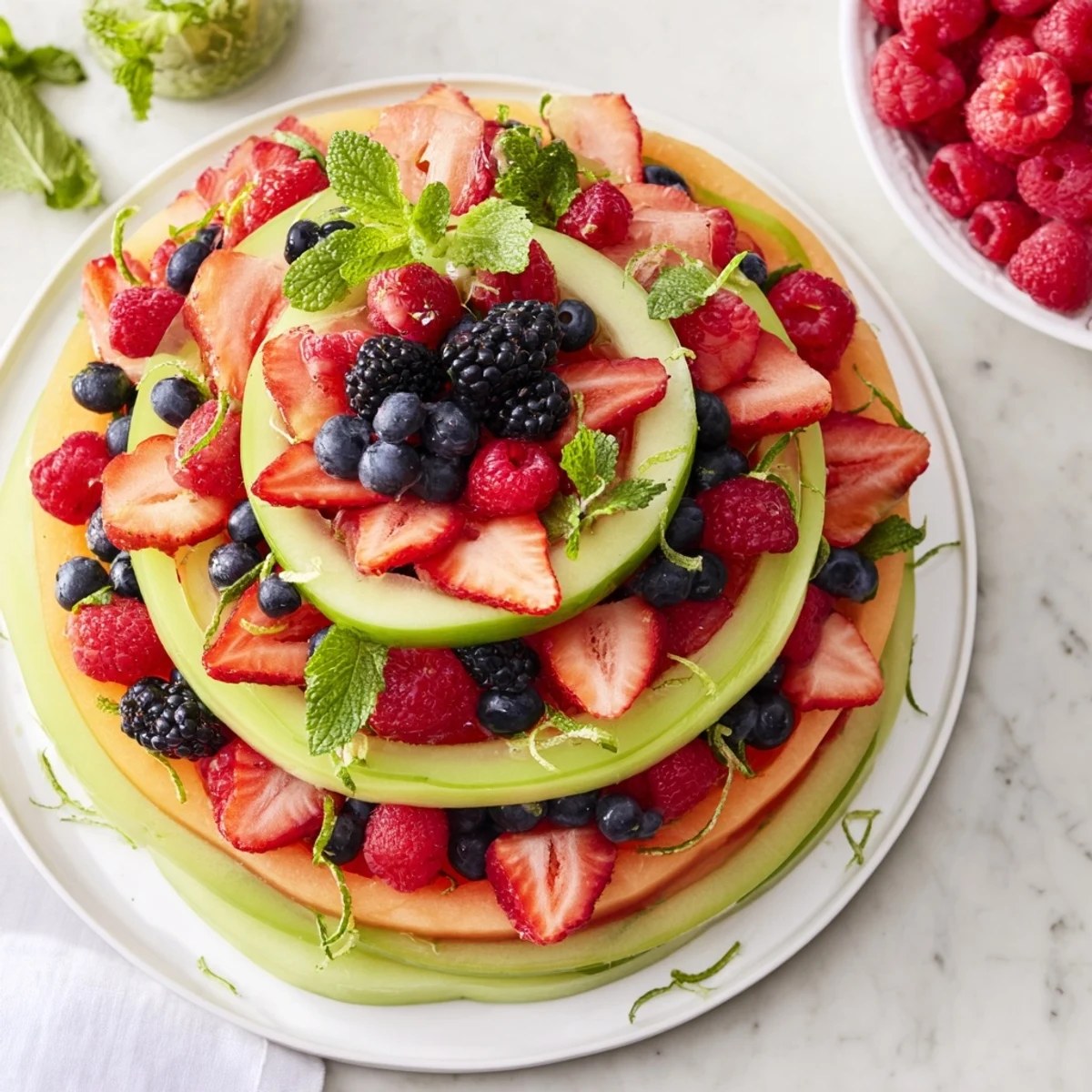Refreshing and colorful fruit platter: a perfect array of melon, strawberries, and blueberries ready to enjoy.