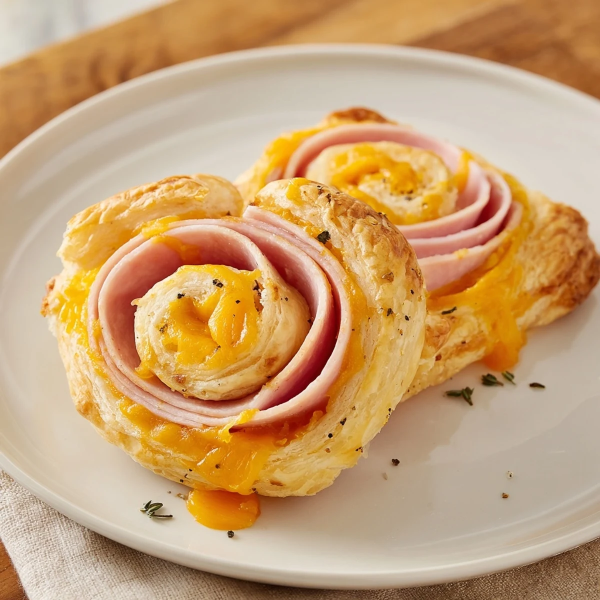 Warm, golden Savory Ham and Cheese Pinwheel Rolls fresh from the oven, ready to enjoy.